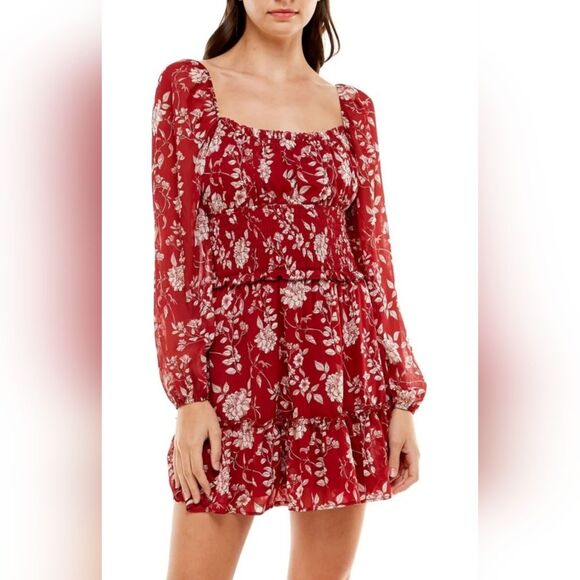 Trixxi Juliette Dress Dark Red Floral Chiffon Mini Smocked Waist Women's Small - Picture 1 of 13